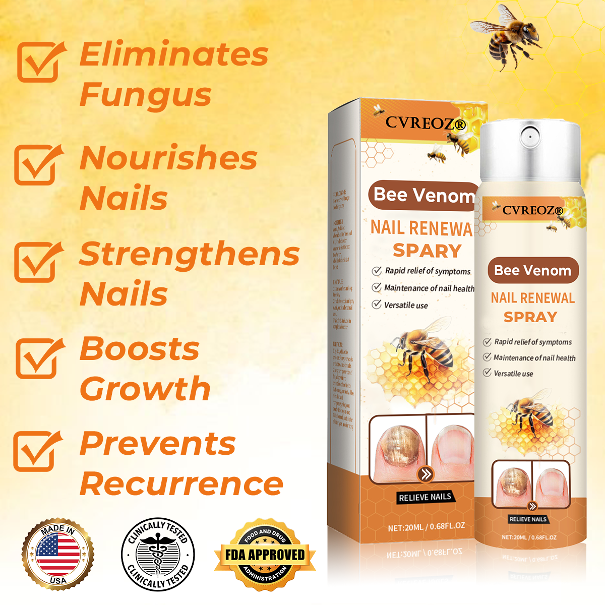Cvreoz®Bee Venom Nail Renewal Spray👨‍⚕️ 𝘾𝙚𝙧𝙩𝙞𝙛𝙞𝙚𝙙 𝙗𝙮 𝙩𝙝𝙚 𝘼𝙢𝙚𝙧𝙞𝙘𝙖𝙣 𝘼𝙘𝙖𝙙𝙚𝙢𝙮 𝙤𝙛 𝘿𝙚𝙧𝙢𝙖𝙩𝙤𝙡𝙤𝙜𝙮(𝘼𝘼𝘿)